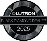 Circular black‑and‑gray badge that reads &ldquo;Lutron Black Diamond Dealer 2025.&rdquo;